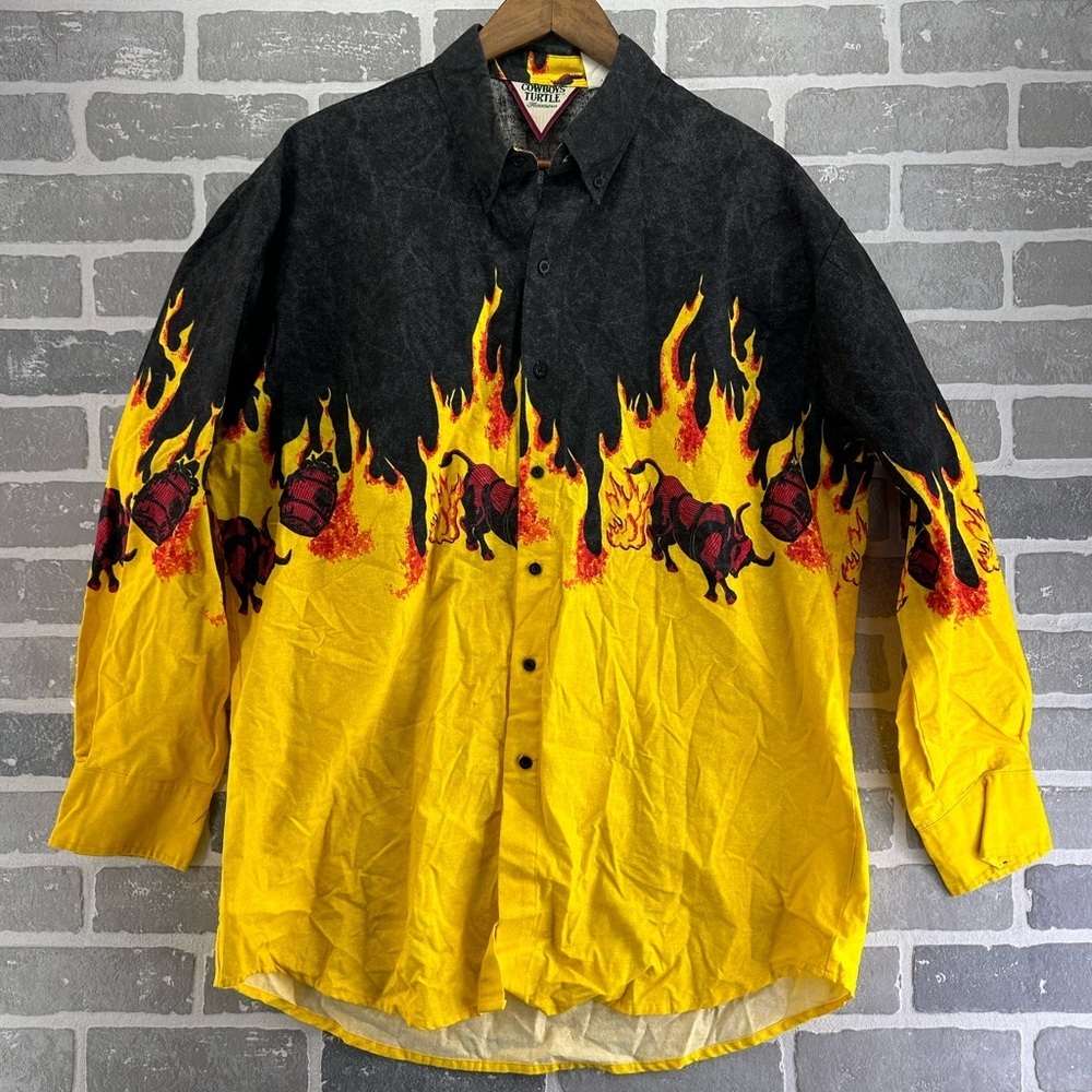 VINTAGE Cowboys’‎ Turtle Association Black & Yellow Flame Shirt size X-Large